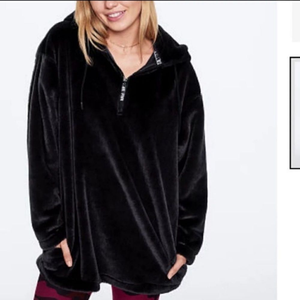 PINK Victoria’s Secret Faux Fur Campus Half Zip Hooded Pullover in Black
